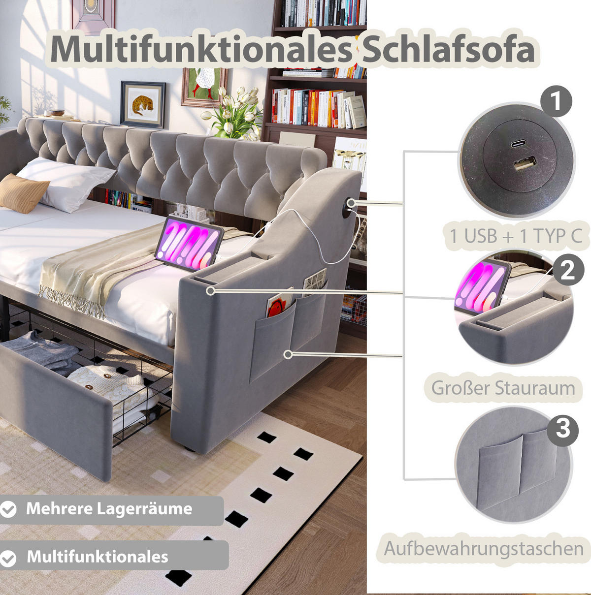 ČALÚNENÁ posteľ 90/190 cm s USB nabíjaním, úložnými zásuvkami a bočnými priehradkami, Svetlosivá - svetlosivá, textil (90/190cm) - Redom
