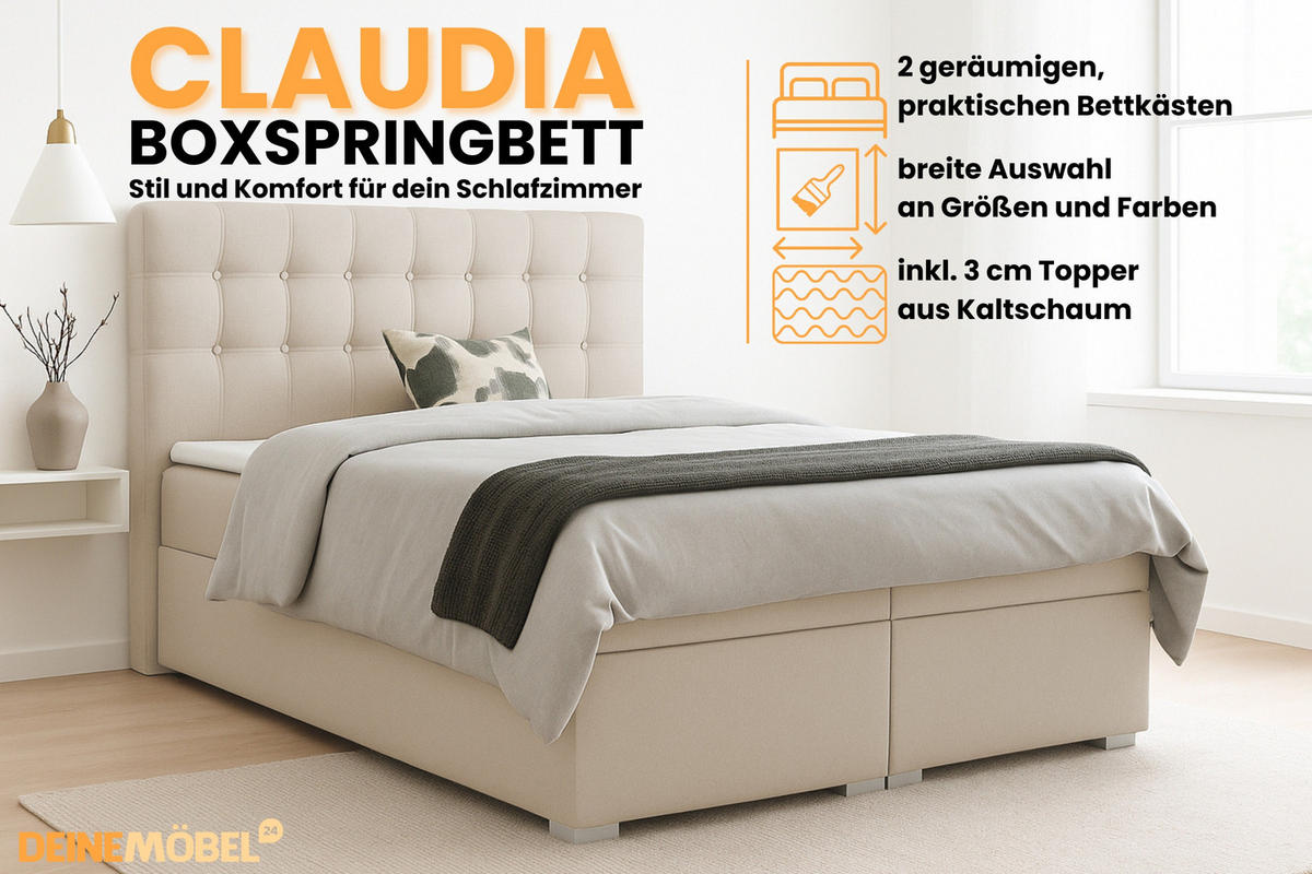 BOXBETT CLAUDIA 160/200 Velour Beige mit Bonell-Federkernmatratzen H3 - Beige, Holzwerkstoff (160/200cm) - Deine Möbel 24