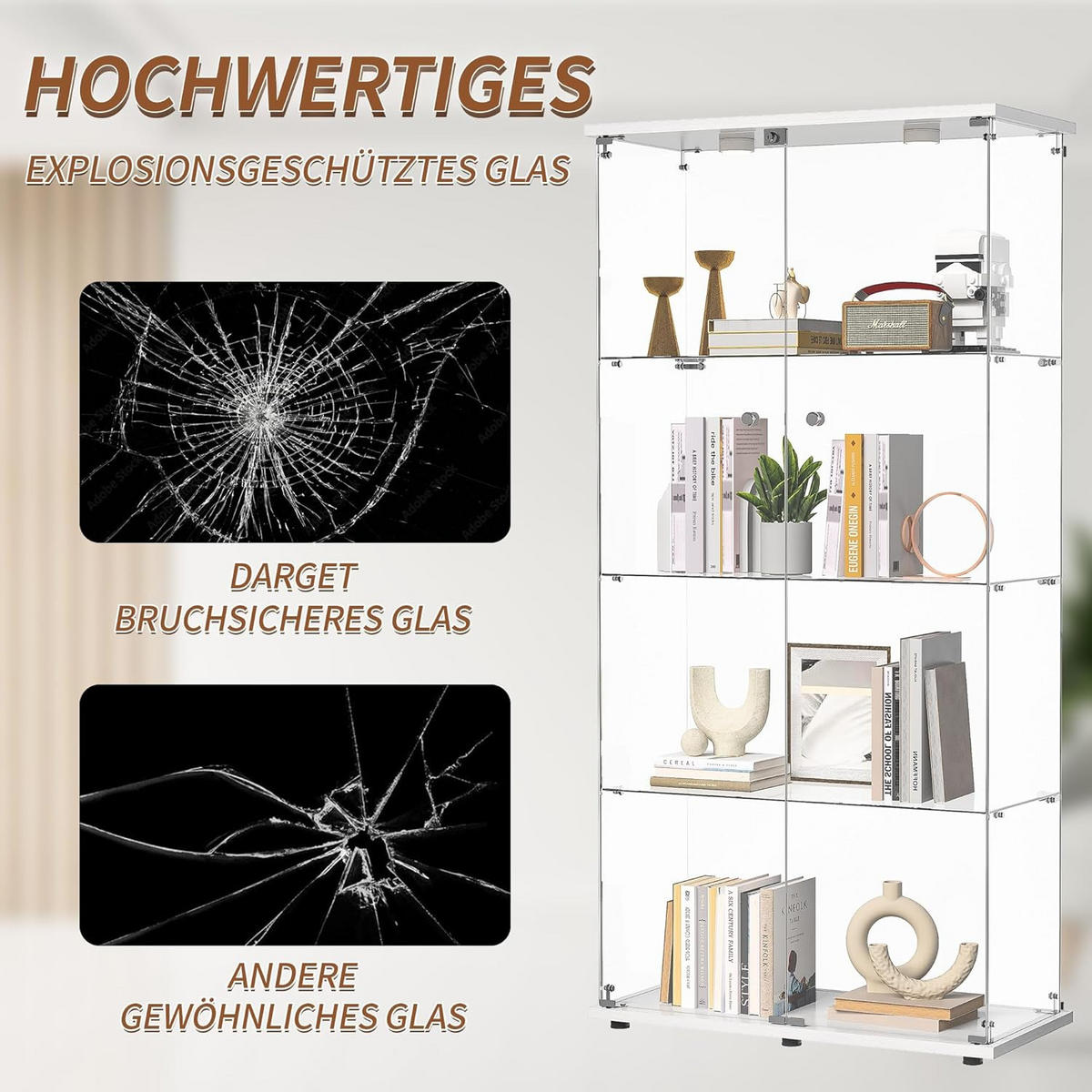 GLASVITRINE LED Vitrinenschrank Weiß mit 2 Tür 4 Etagen mit Schloss und Spiegeleffekt - Weiß, Glas (36.49/163.9/80.49cm) - BPKADHY