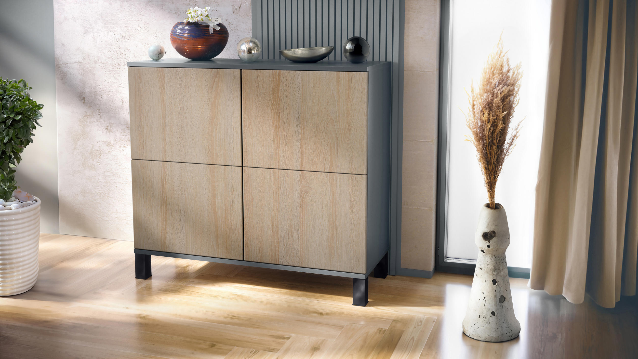 KOMMODE Rova Eiche sägerau - Eiche San Remo, Holzwerkstoff (92.5/84.5/35cm) - Vladon