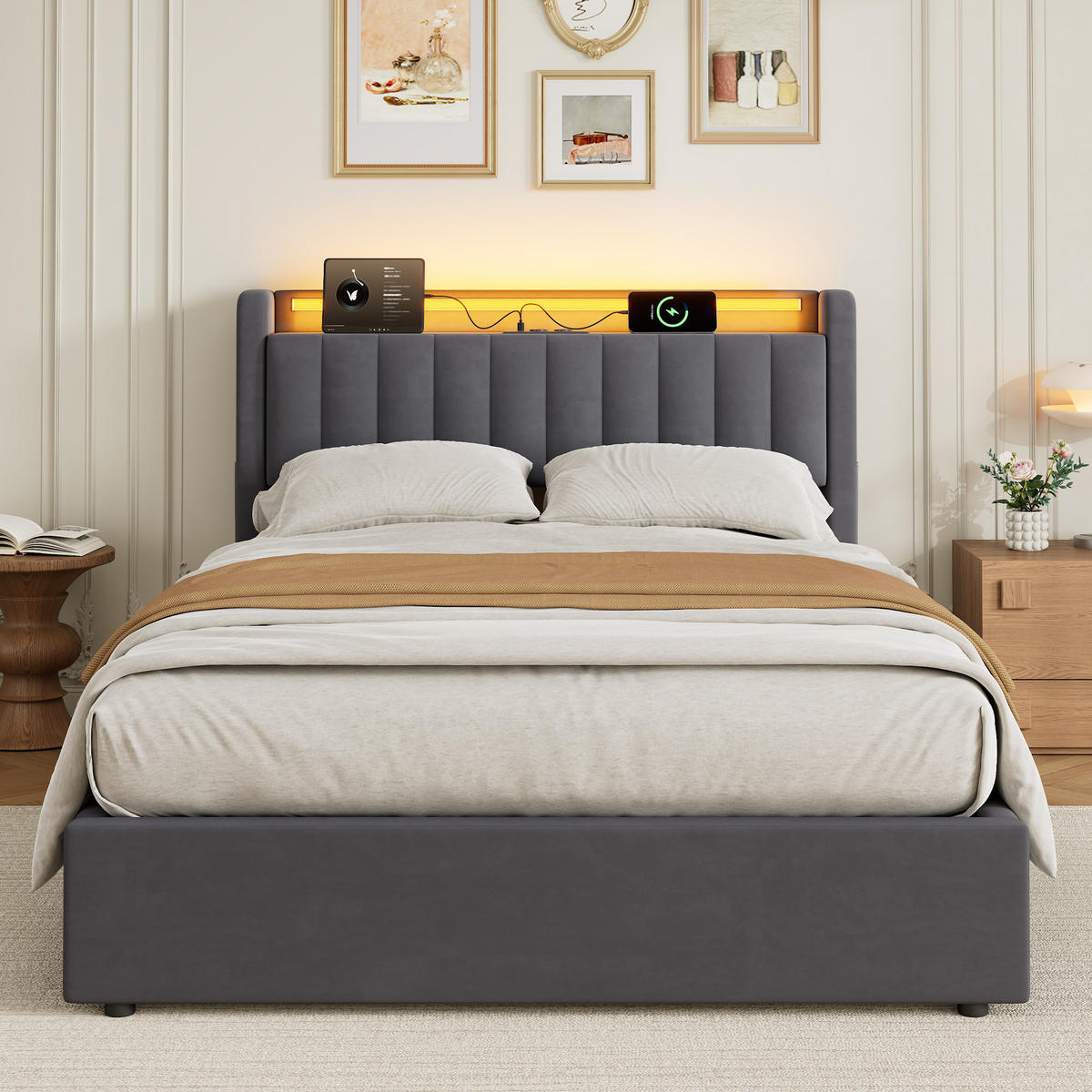 POLSTERBETT 140/190 cm in Grau, mit Bettkasten, Stauraum, USB und LED Beleuchtung, ohne Matratze - Grau, Holzwerkstoff/Textil (140/190cm) - WISHDOR