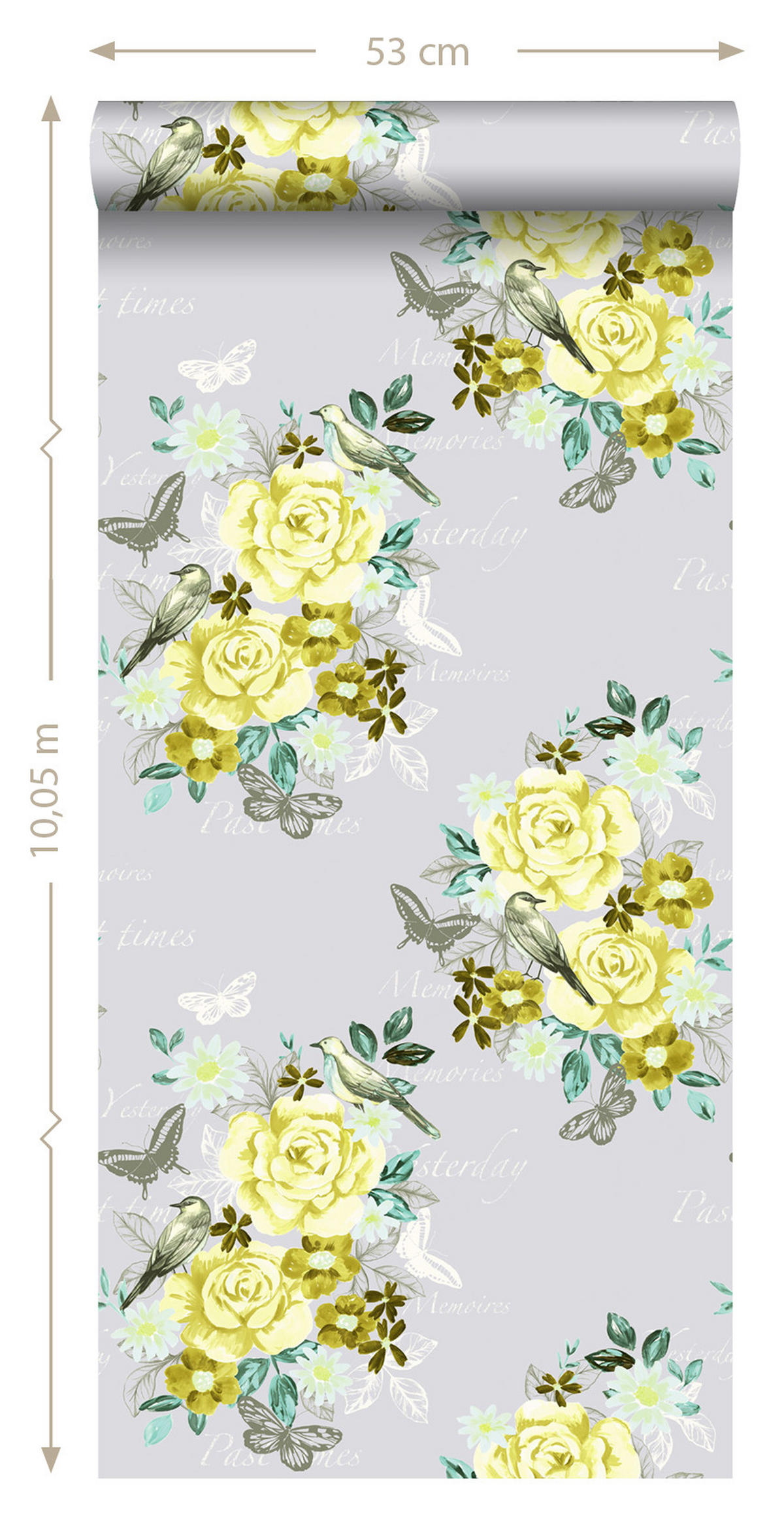 TAPETE Blumen und Vögel 53 cm x 10.05 m - Gelb, Papier (53/1000cm) - ESTAhome