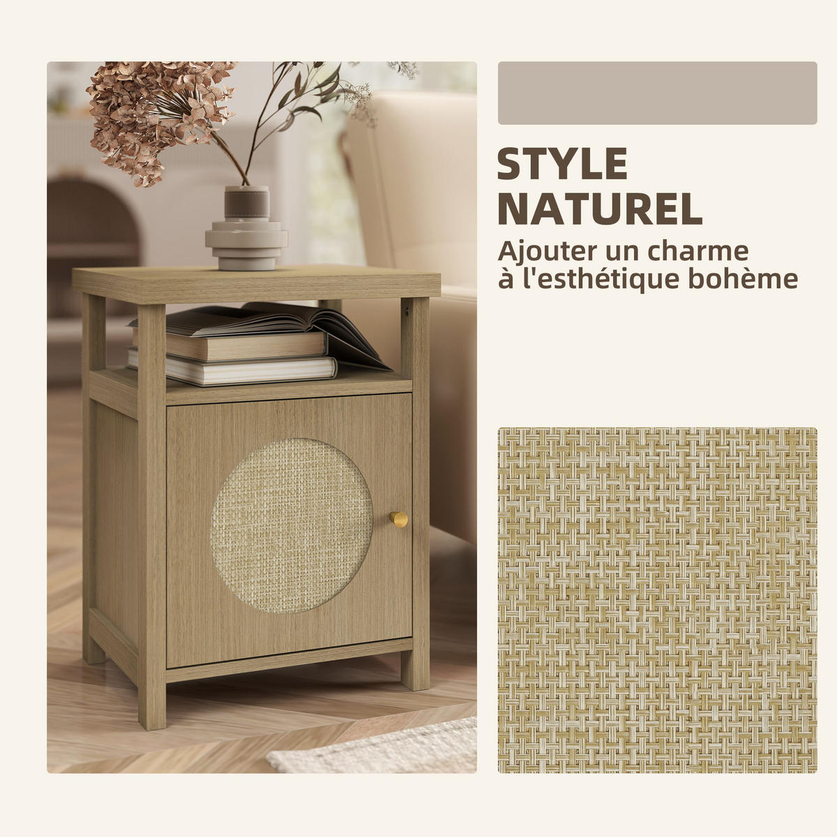 NACHTSCHRANK 2er-Set DE-12898 Rattantür und offenes Fach Braun - Braun, Holzwerkstoff (35/55/40cm) - ComfortXL