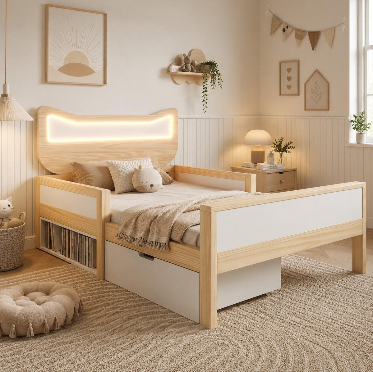 KINDERBETT Katzenkopfteil 90/200 cm Weiß/Eiche mit RGB-LED, Schublade, ohne Matratze - Weiß, Holz (90/200cm) - MIVRAY