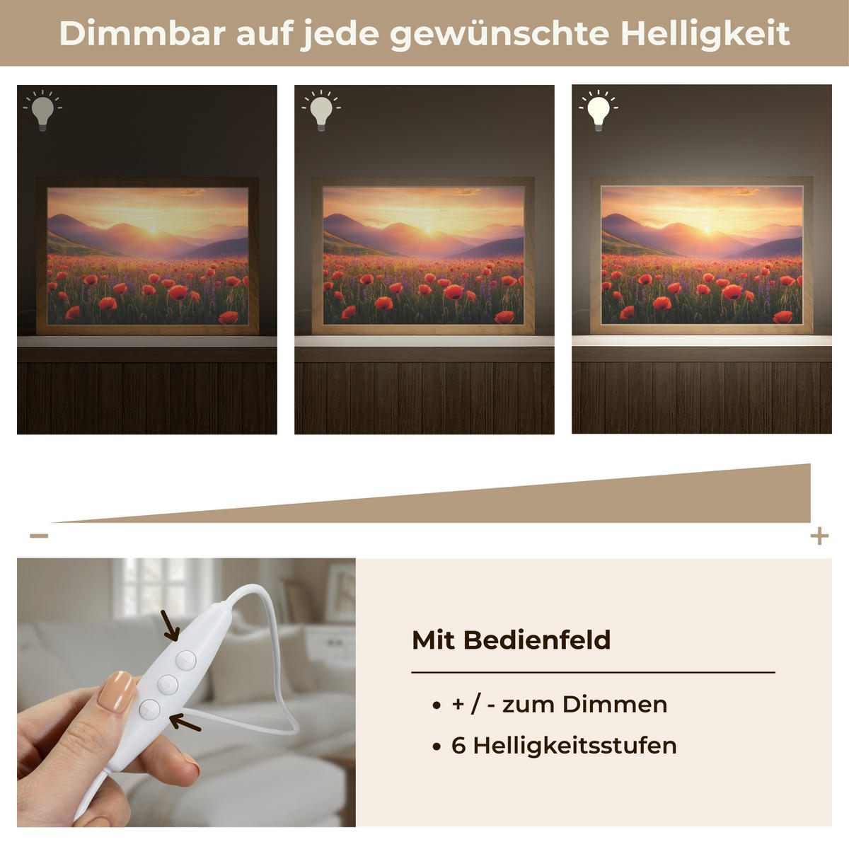 WANDLEUCHTE Landschaft - Sonnenuntergang - Blumenfeld 30x20 cm - Rot, Holzwerkstoff (30/20/8cm) - OnlyWow