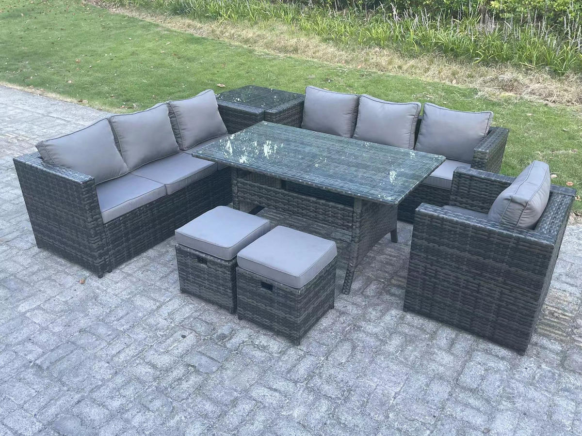 SITZGRUPPE Polyrattan Dunkelgrau 9-Sitzer - Dunkelgrau/Grau, Glas/Kunststoff - Fimous