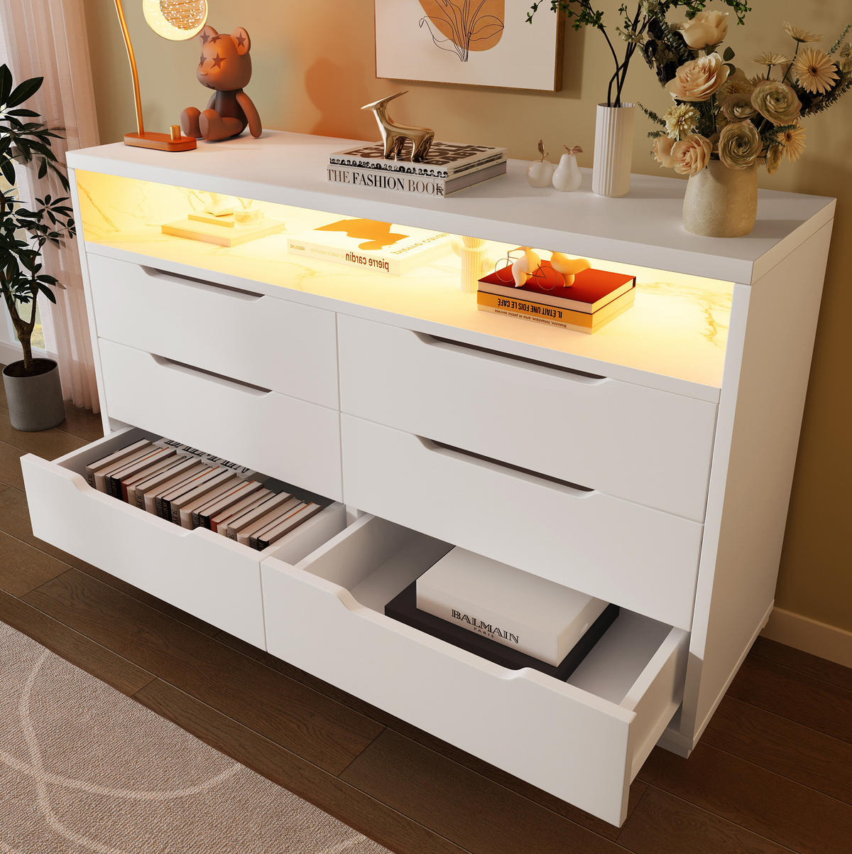 SIDEBOARD 120/40/85 cm in Weiß mit LED-Beleuchtung und 6 Schubladen - Weiß, Holzwerkstoff (120/85/40cm) - Flora Grace