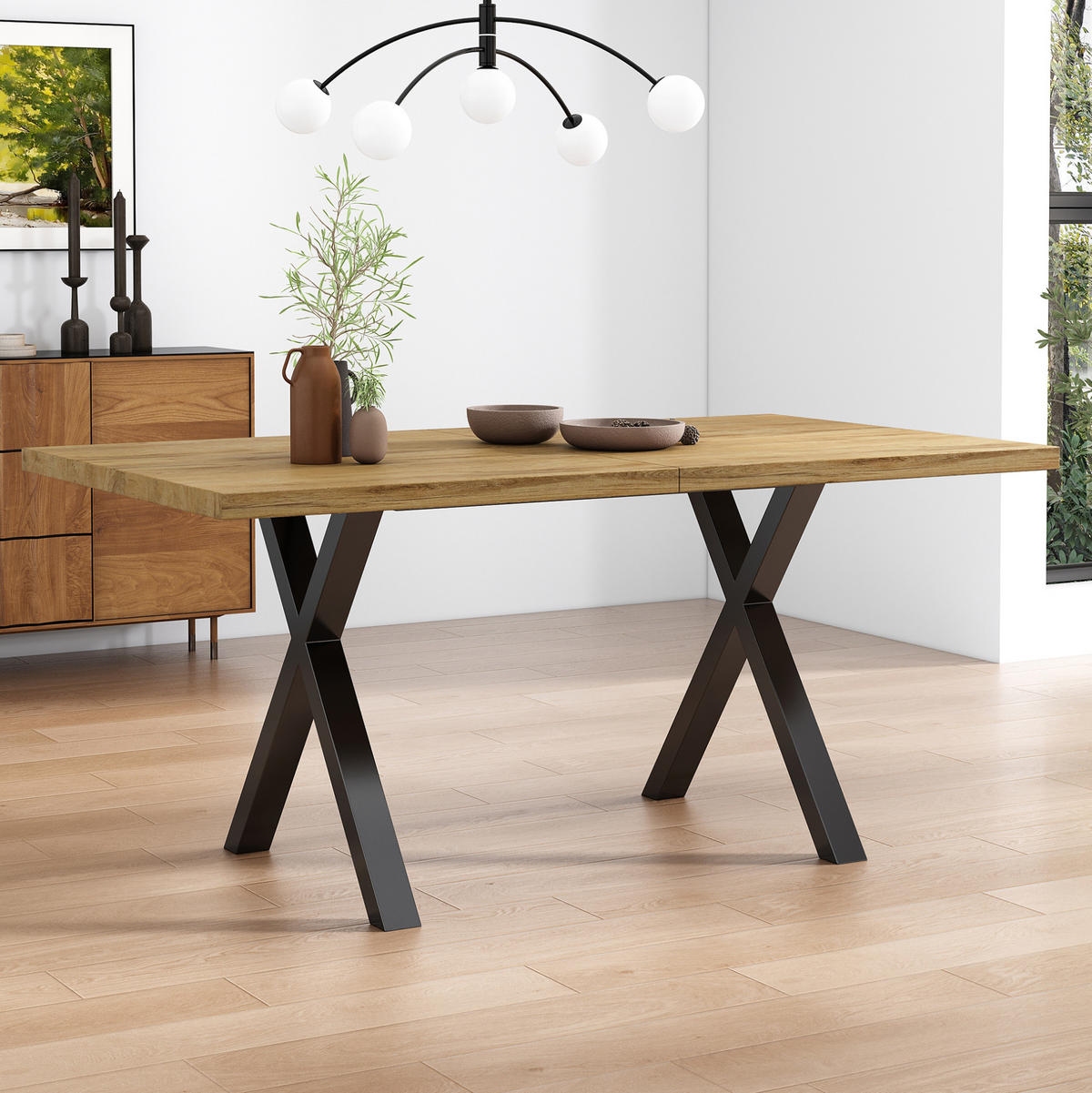 NÍZKÁ komoda 140/80/76 cm s křížovou podnoží, moderní minimalistický styl, Dub - barva dubu, kompozitní dřevo (140/80/76cm) - Redom