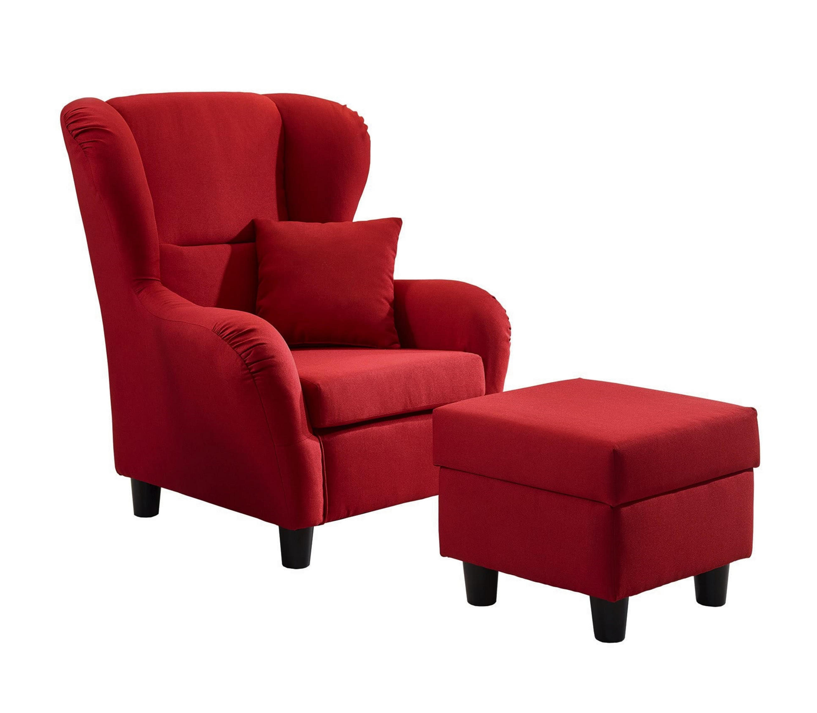 OHRENSESSEL mit HOCKER, hoher Sitzkomfort durch Wellenunterfederung B90/H98/T76 cm, Strukturstoff Rot / 18002 - Rot/Schwarz, Holz/Textil (90/98/76cm) - luma-home