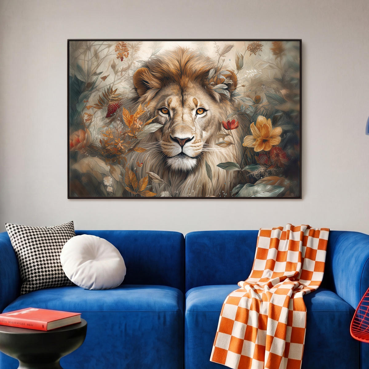 LEINWAND Bilder mit Rahmen - Löwe - Wildtiere - Pflanzen - Natur - Blumen - 90x60 - Beige, Textil (90/60cm) - MuchoWow