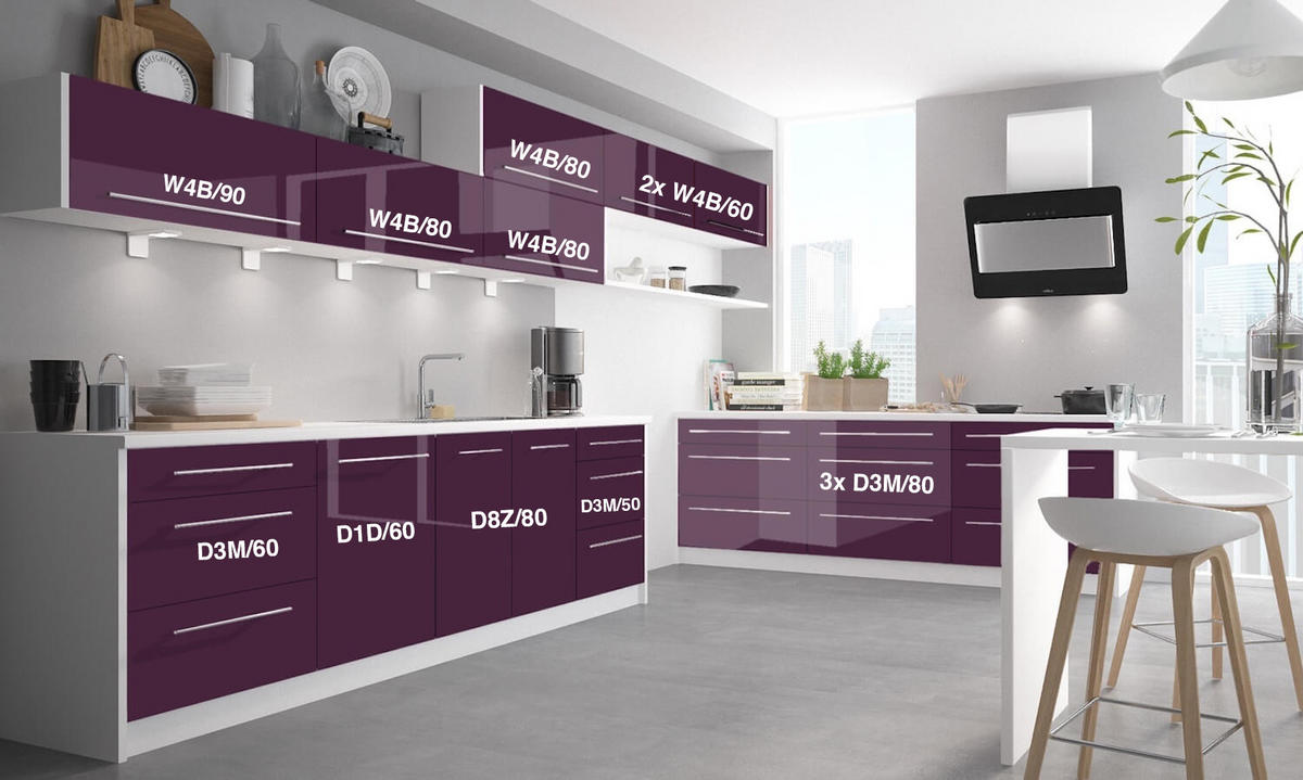 WINKELKÜCHE Brerra Cdb purpurviolett lackiert / weiß matt 13-teilig - Violett/Weiß, Holzwerkstoff (490/168/50cm) - Feldmann-Wohnen