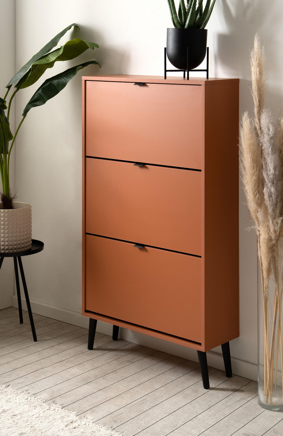 SCHUHSCHRANK terracotta 70 x 125 cm, Schuhkipper mit 3 Klappen - Terracotta/Schwarz, Holz/Holzwerkstoff (70/125/24cm) - Furn.Design