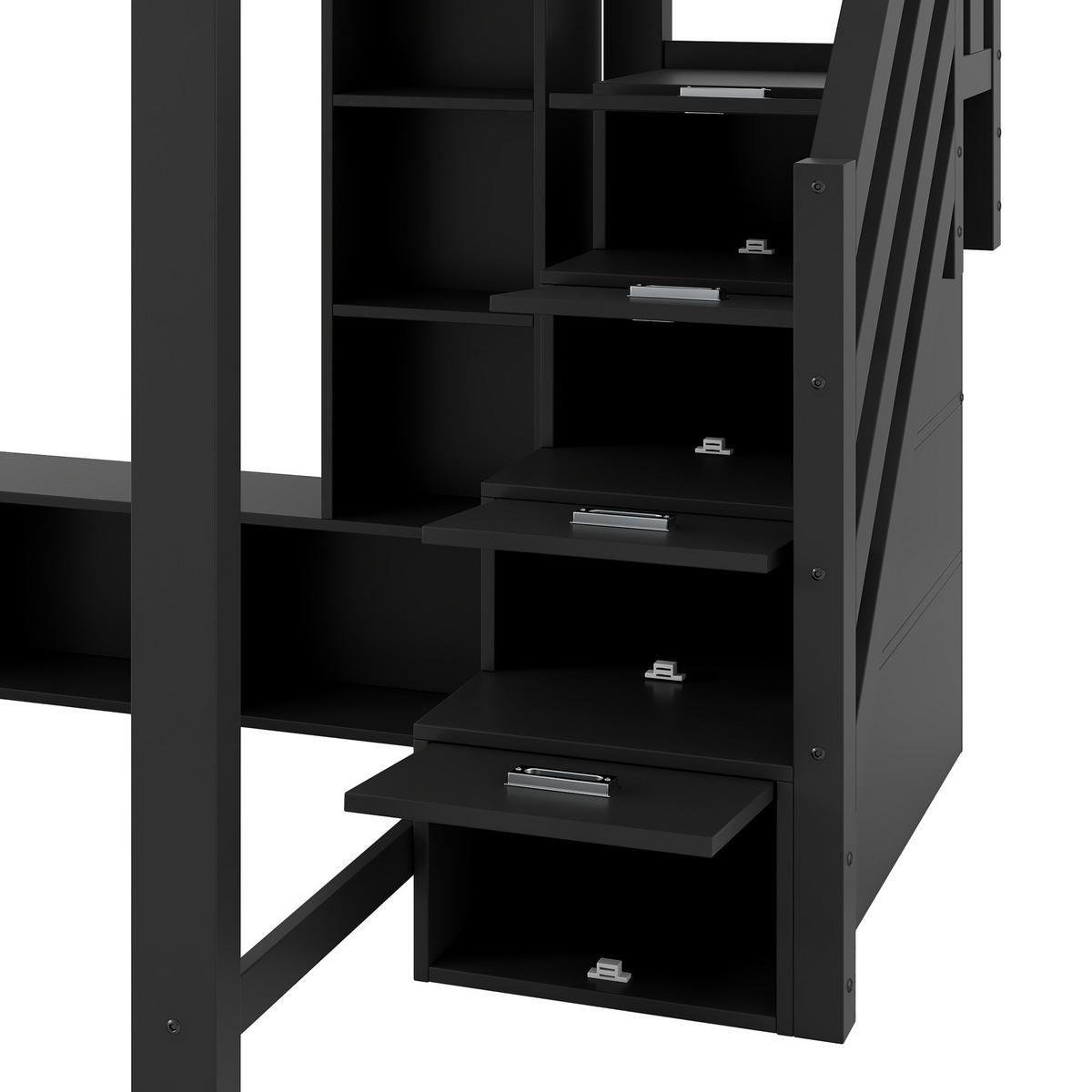 HOCHBETT 140/200 cm in Schwarz mit Schreibtisch, LED und Stauraumtreppe - Schwarz, Holz/Holzwerkstoff (140/200cm) - CHICFURN