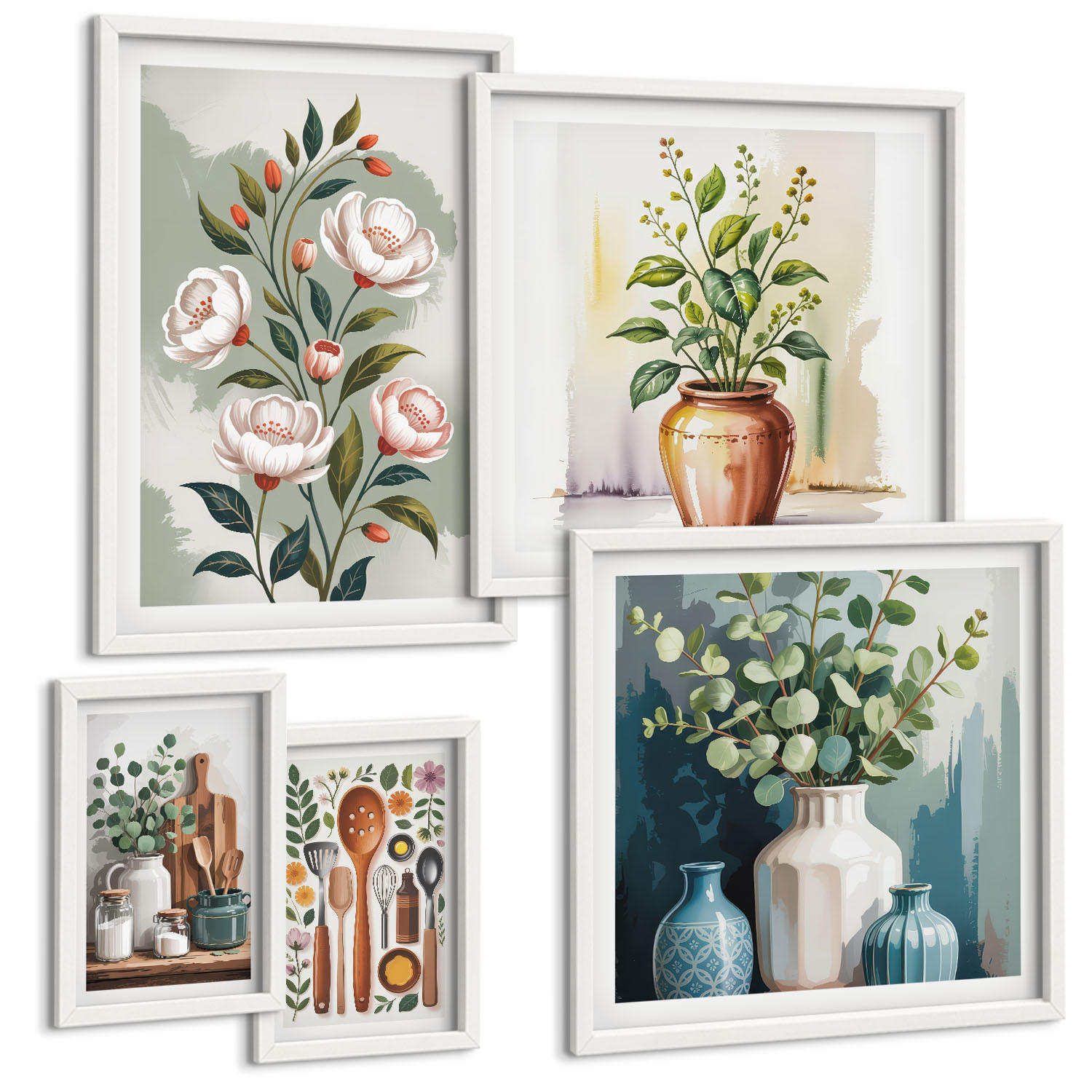 BILDER SET 5er Set - 50x50 cm & 20x30 cm & 40x60 cm Weißer Rahmen - Blumen und Früchte in Vasen - Weiß, Kunststoff (40/60cm) - TULUP