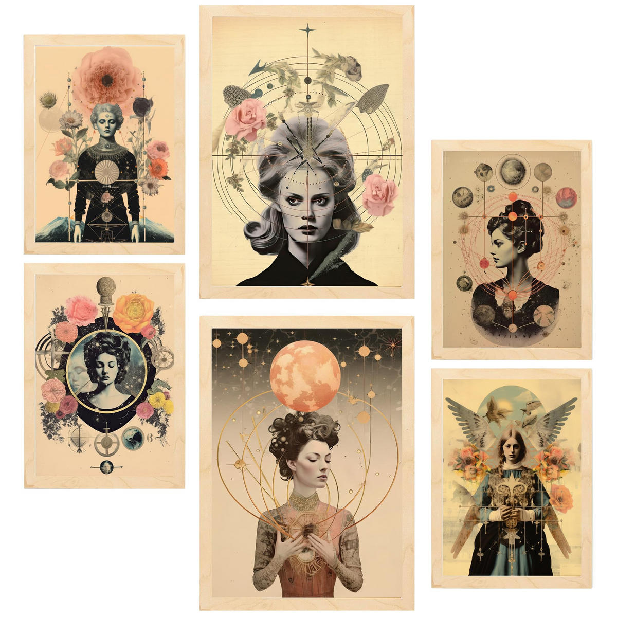 POSTER Set Mit 6 Surreale Florale Im Mystischen Esoterischen A3 & A4 Rahmen Aus Hellem Holz - Beige, Papier (29/3cm) - Nacnic