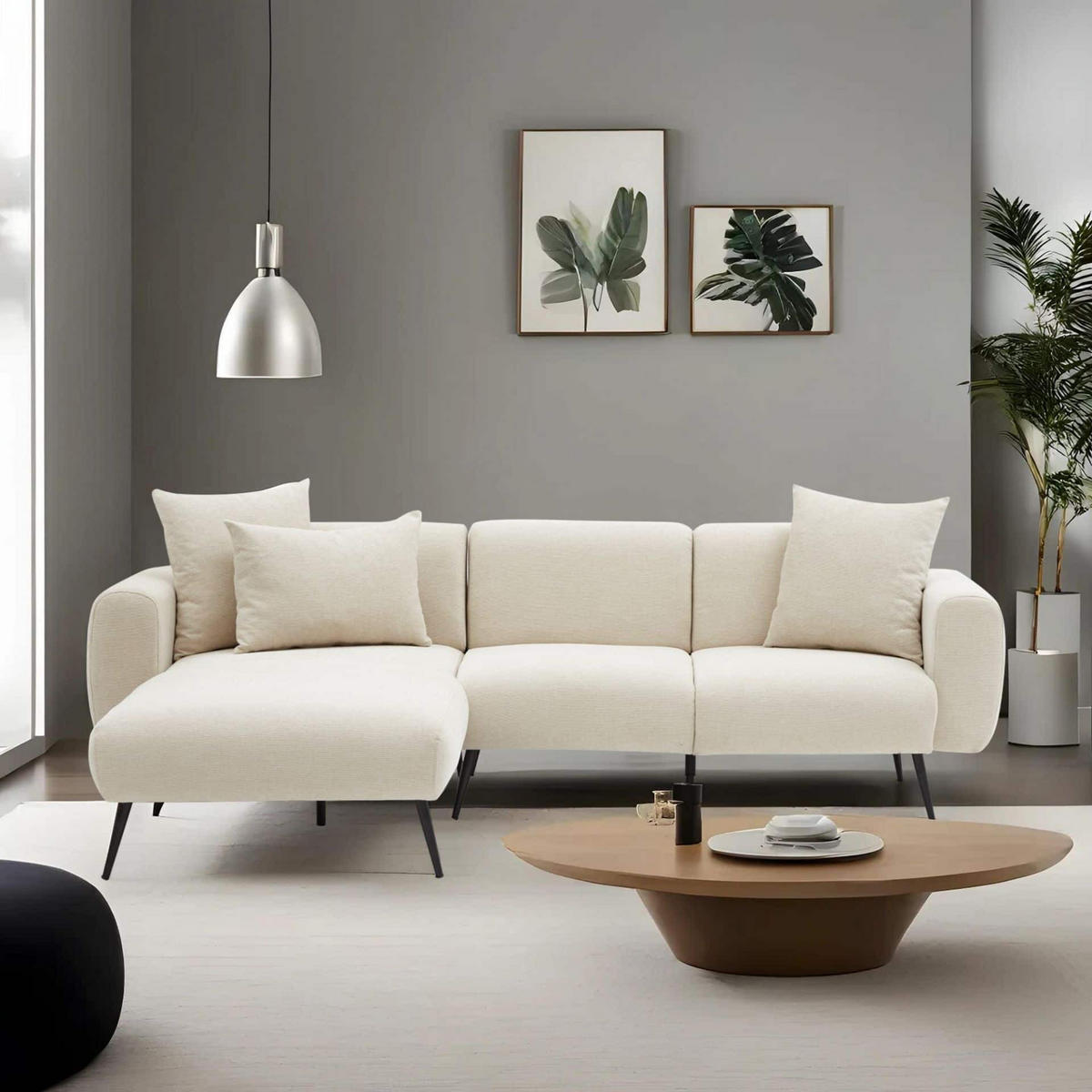 ECKSOFA beidseitig montierbar, Bouclé-Design - Beige/Creme, Holz/Textil (252/158cm) - myHomelando