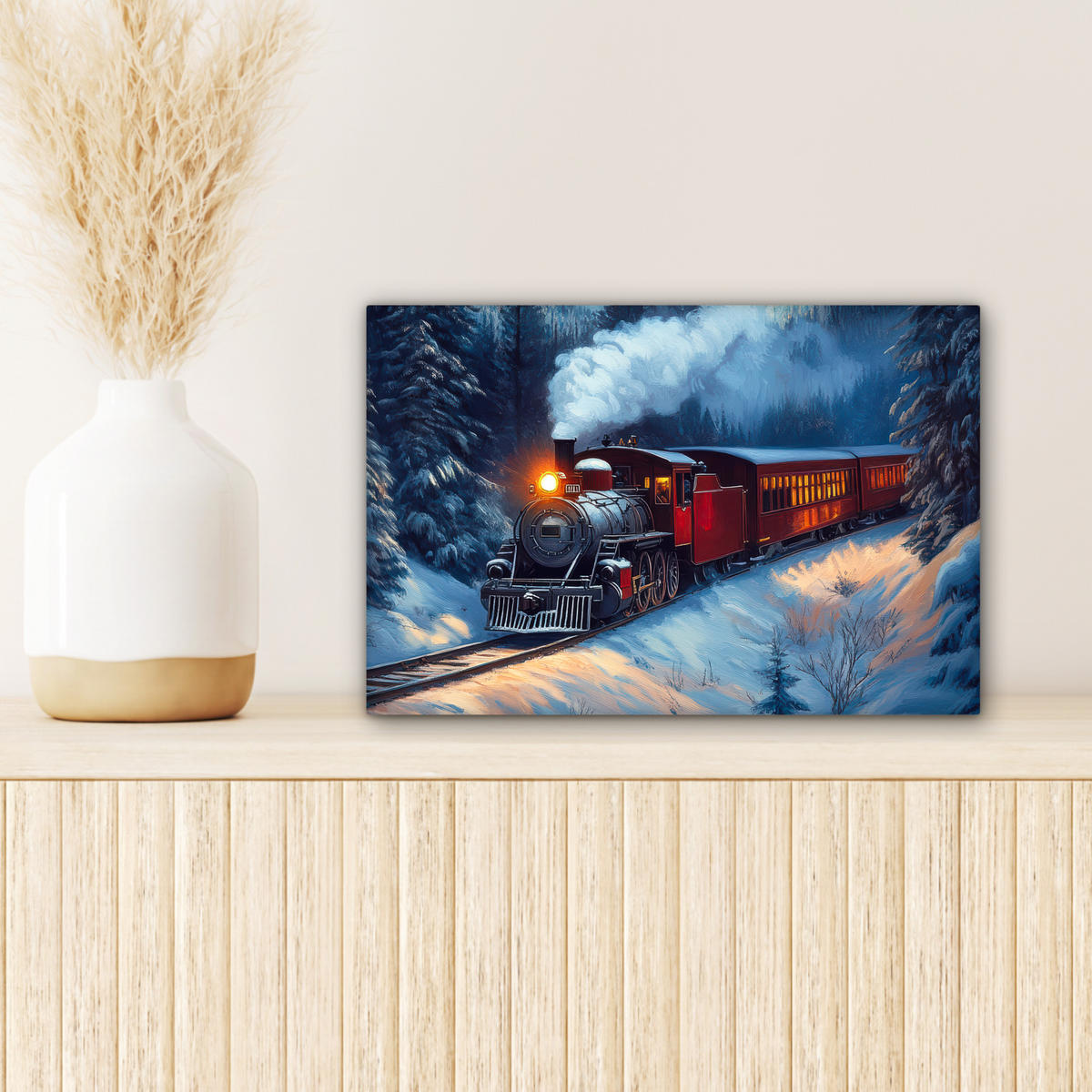 LEINWANDBILD Zug - Weihnachten - Schnee - Weihnachtszug Deko Schlafzimmer 30x20 cm - Anthrazit, Textil (30/20cm) - MuchoWow