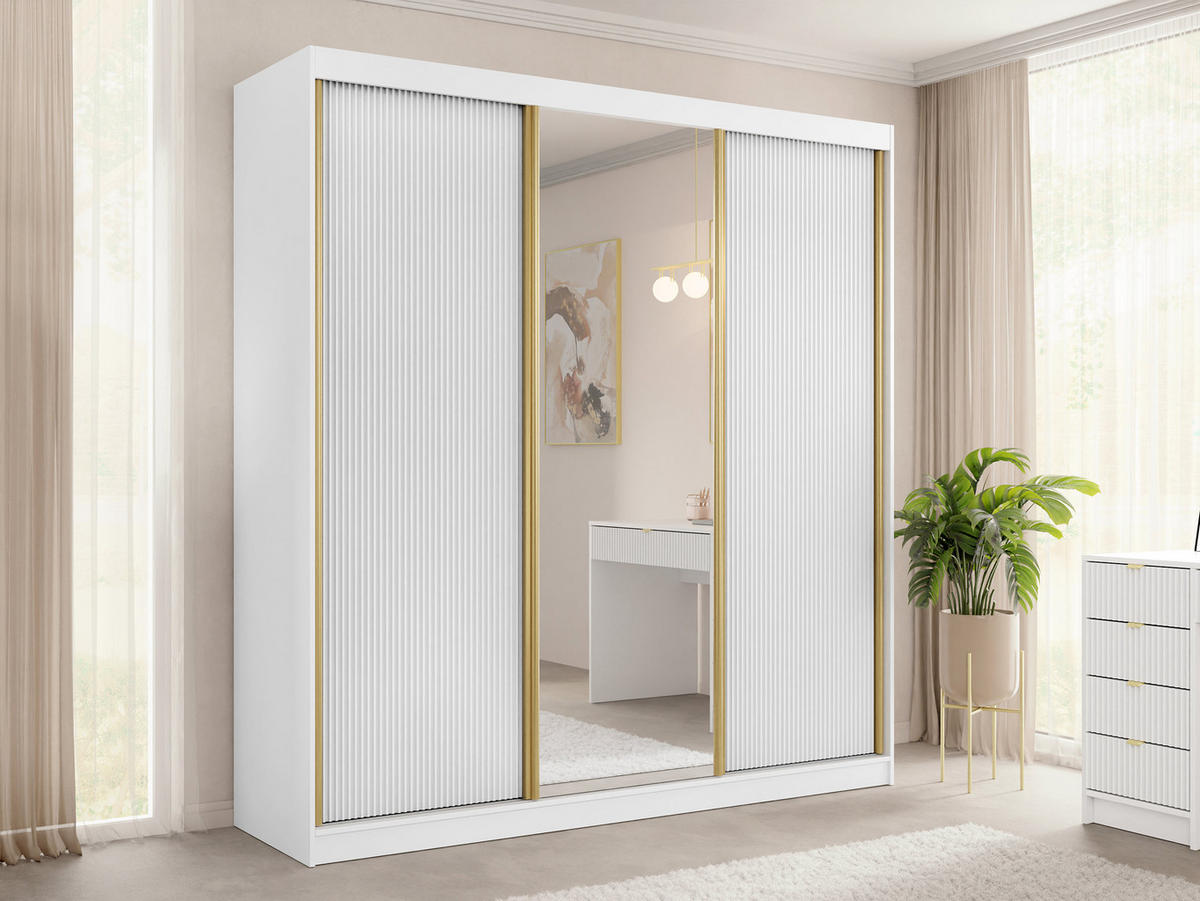 SCHIEBETÜRENSCHRANK Tireno 3D - Goldfarben/Weiß, Holzwerkstoff/Metall (200/216/60cm) - MIRJAN24
