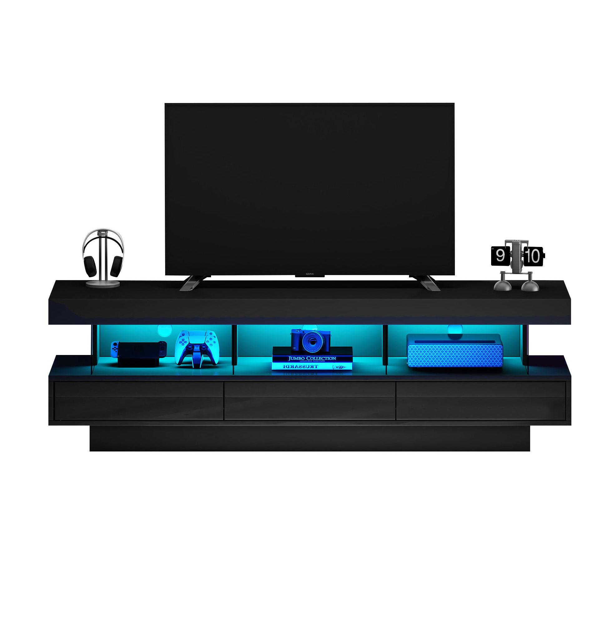 Modfu TV stolek z dřevotřísky 160x38x50,5 cm černý ve vysokém lesku s LED osvětlením, Bluetooth ovládáním a 3 skleněnými policemi