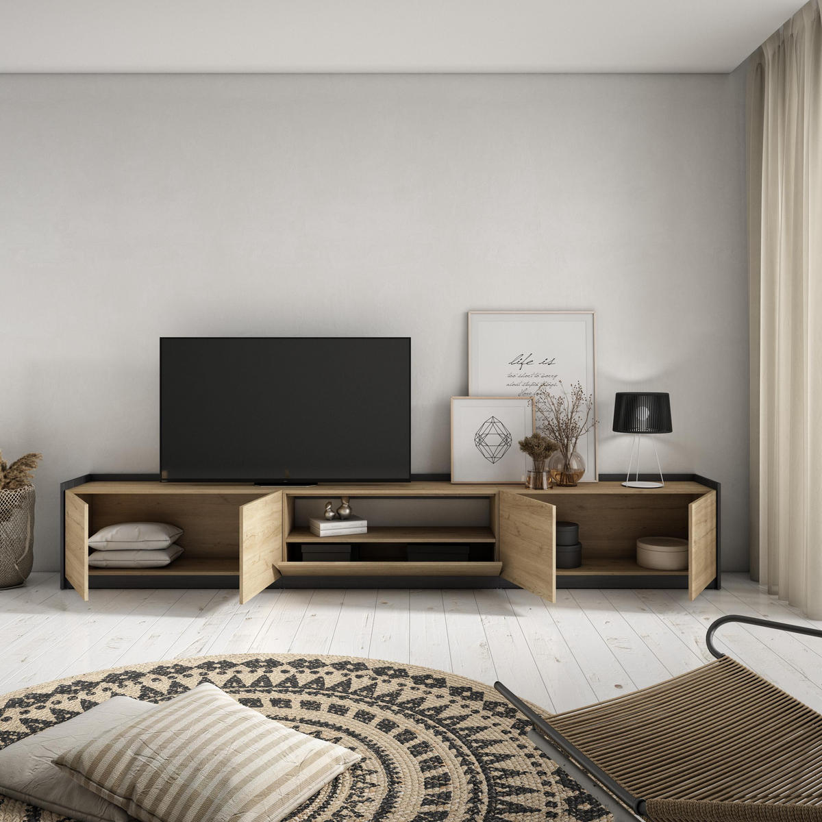 TV-SCHRANK, Lowboard, Eiche Schwarz, 310/37/50cm - Eichefarben, Holzwerkstoff (310/50/37cm) - Skraut Home