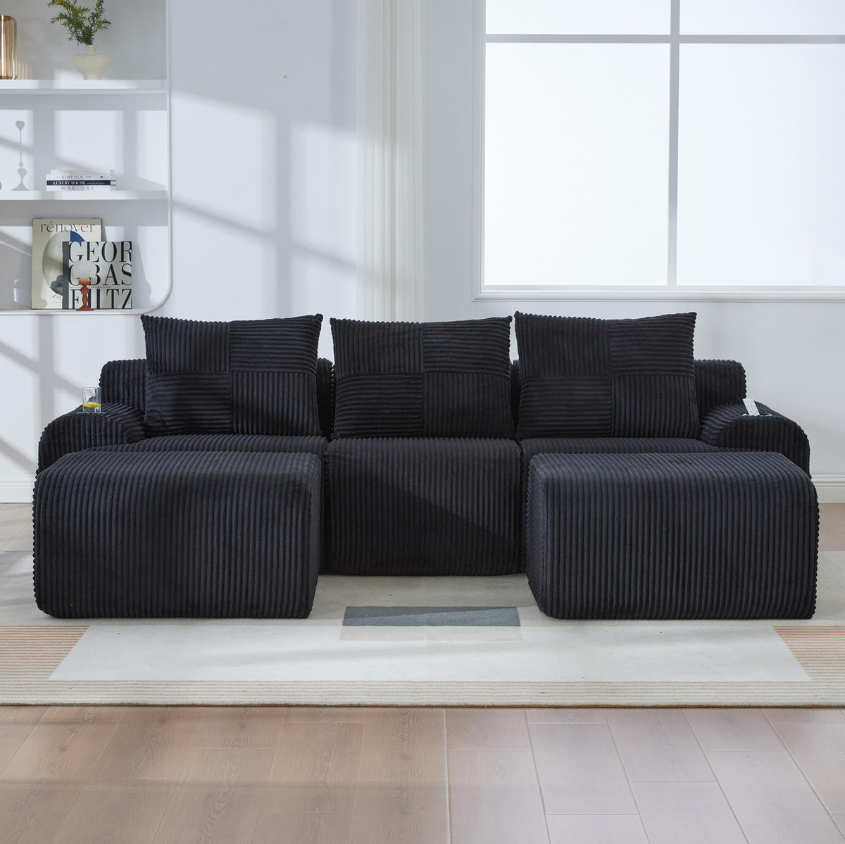 3-SITZER Wohnlandschaft Cord mit Getränkehalter und Aufbewahrungstasche 268/174/80 cm Schwarz - Schwarz, Textil (174/80/268cm) - Redom