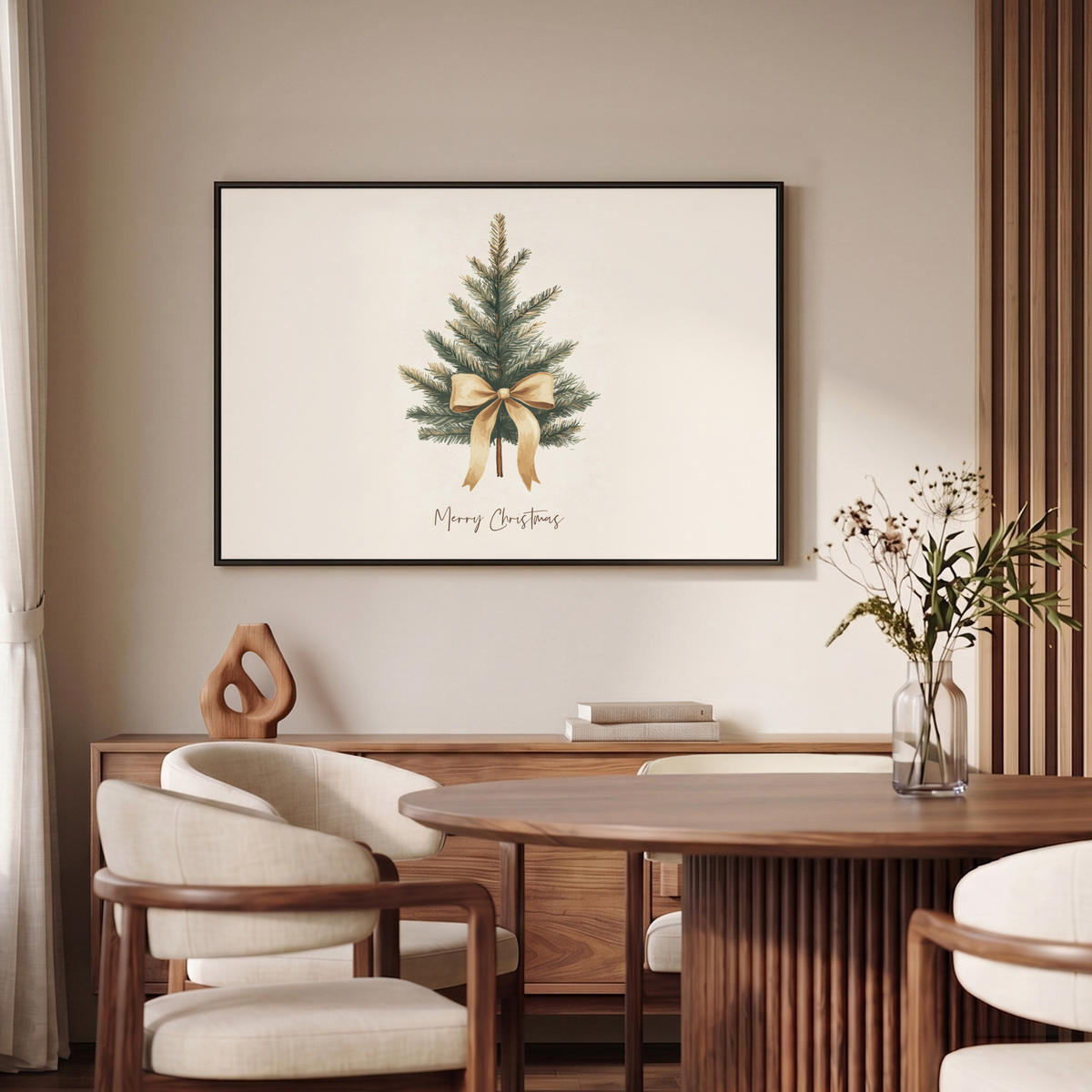 LEINWAND Bilder mit Rahmen - Weihnachtsbaum - Weihnachten - Frohe Weihnachten - Beige - 90x60 - Sandfarben, Textil (90/60cm) - MuchoWow