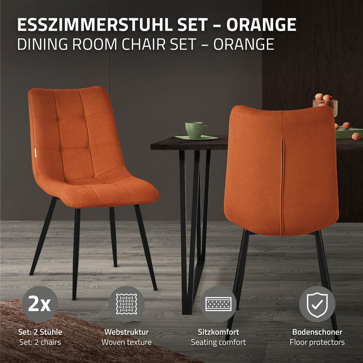 ESSZIMMERSTÜHLE 2ER-SET Orange Stoffbezug - Schwarz/Orange, Textil/Metall (49/89/60.5cm) - ML-DESIGN