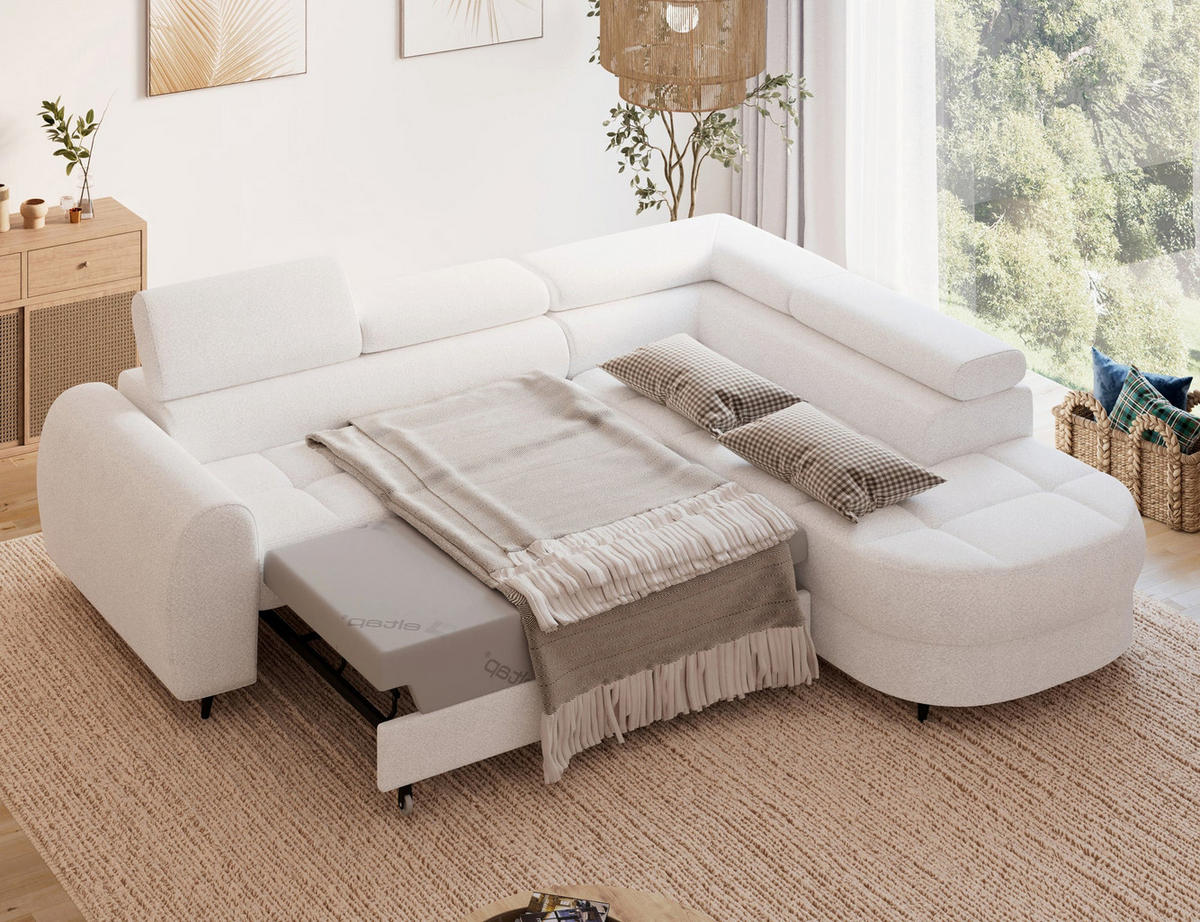 ECKSOFA Vesteria mit Schlaffunktion und Bettkasten – Modernes Design, verstellbare Kopfstützen und hoher Sitzkomfort - Weiß, Kunststoff (279/72cm) - Wohnideebilder