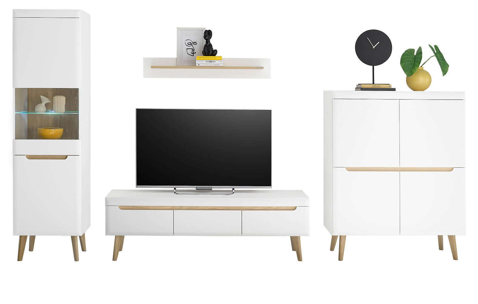 WOHNWAND 4-teilig weiß matt, Eiche, skandinavisch 360 cm, Schrankwand mit Soft-Close-Funktion - Eichefarben/Weiß, Glas/Eichenholz (360/197/40cm) - Furn.Design