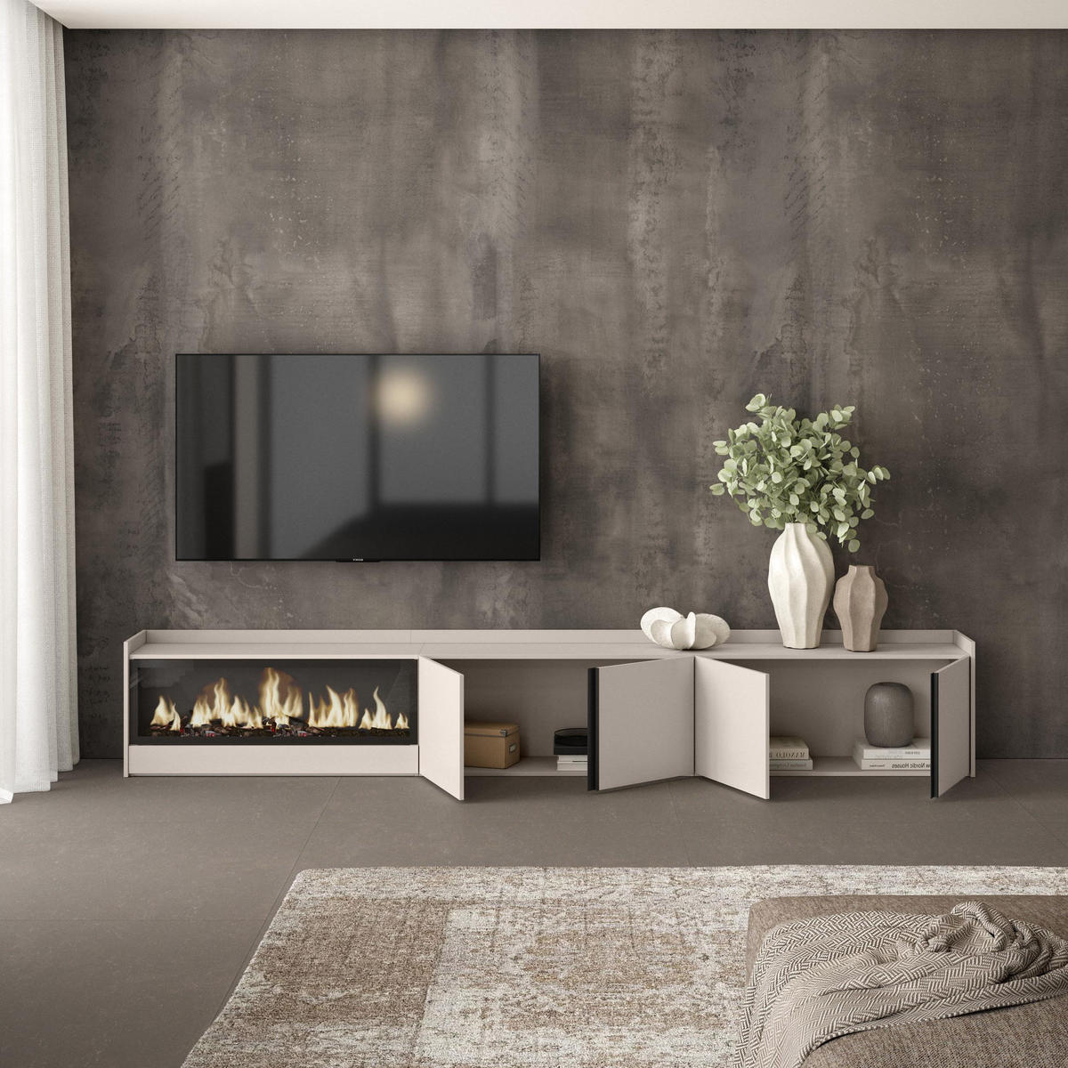 LOWBOARD, Beige, 315/35/50cm, Kamin mit Feuereffekt XXL - Beige, Holzwerkstoff (315/50/35cm) - Skraut Home