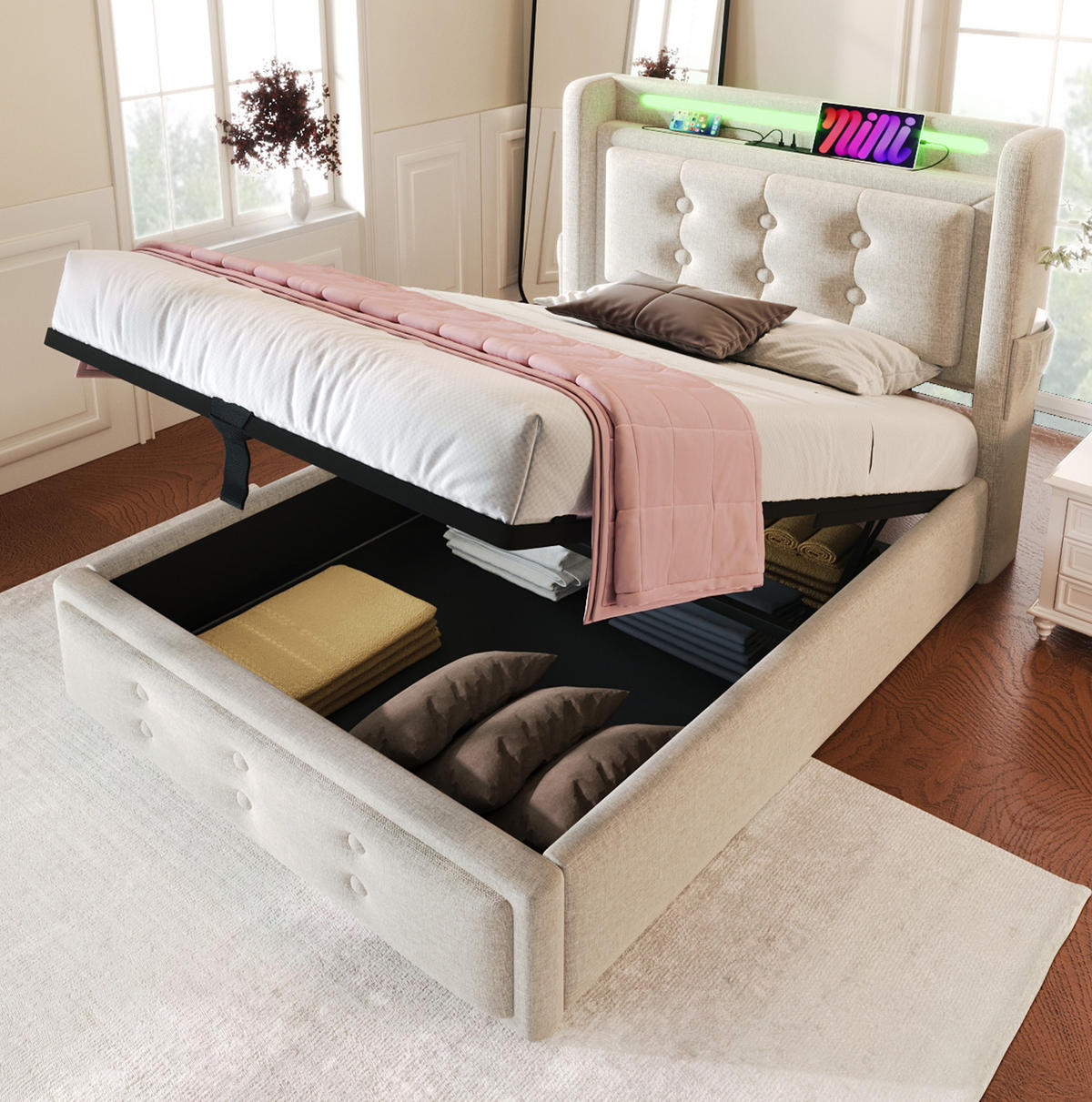 POLSTERBETT 90/200 cm Beige aus Baumwoll-Leinen mit LED und Ladefunktion - Beige, Textil (90/200cm) - OKMYHOME