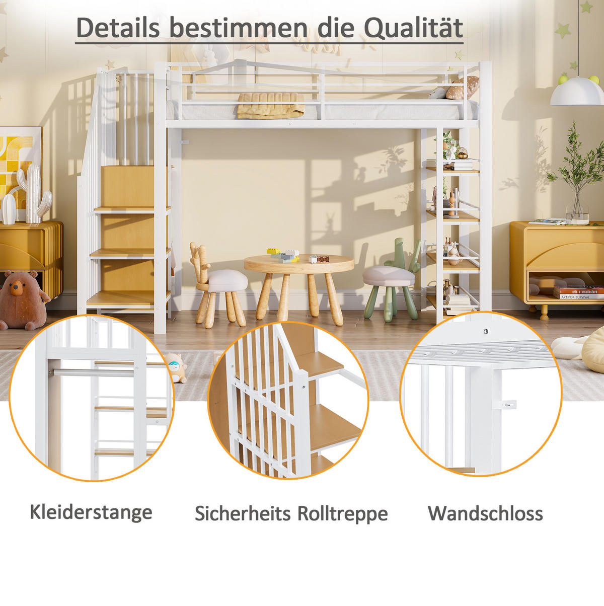 HOCHBETT 90/200 cm Weiß mit Sicherheitstreppe und Stauraum - Weiß, Metall (90/200cm) - OKWISH