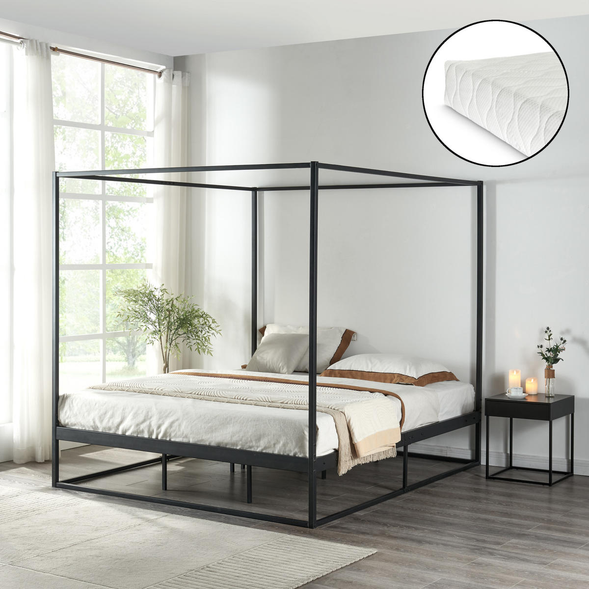 HIMMELBETT Kristianstad mit Matratze - Schwarz, Textil/Metall (160/200cm) - [en.casa]