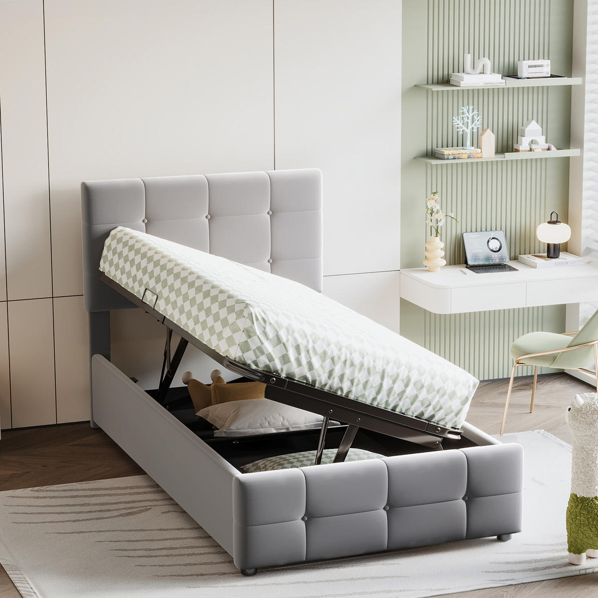 KINDERBETT 90/200 cm mit hydraulischem Stauraum und höhenverstellbarem Kopfteil, Grau - Grau, Textil (90/200cm) - OKWISH