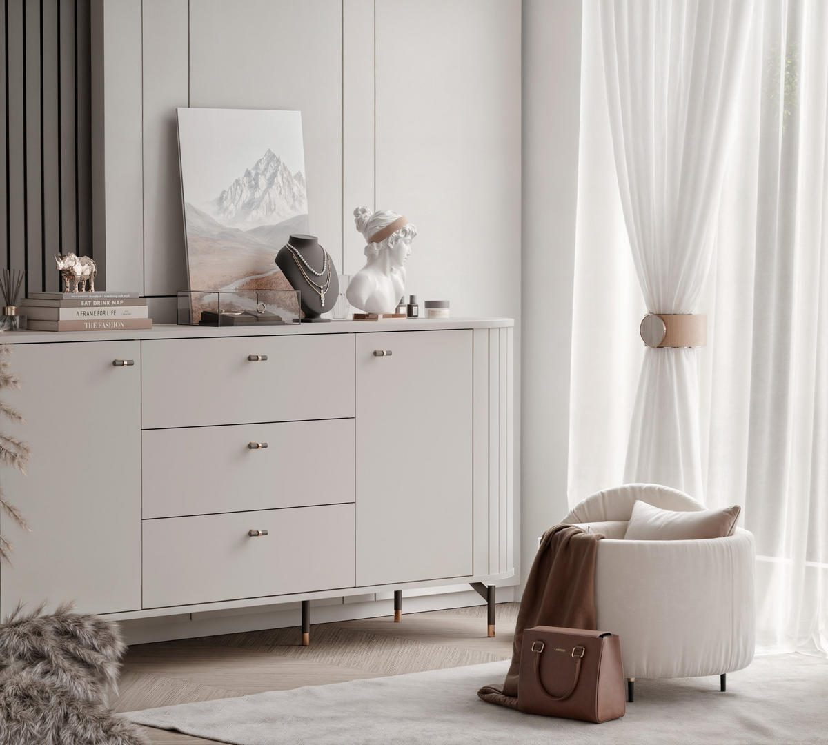 KOMMODE geriffelt, mit drei Schubladen, Kaschmir - Kaschmir, Holzwerkstoff (190/81/40cm) - Idohome
