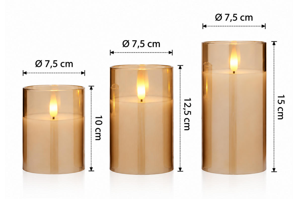 LED-KERZENSET, Glas, Bernstein - Bernsteinfarben, Glas (7.5/7.5/15cm) - dasmöbelwerk