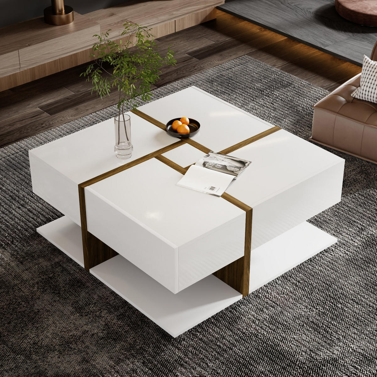 COUCHTISCH Weiß mit 4 Schubladen 78/78/34.8 cm - Weiß, Holzwerkstoff (78/78/34.8cm) - Urban Meuble