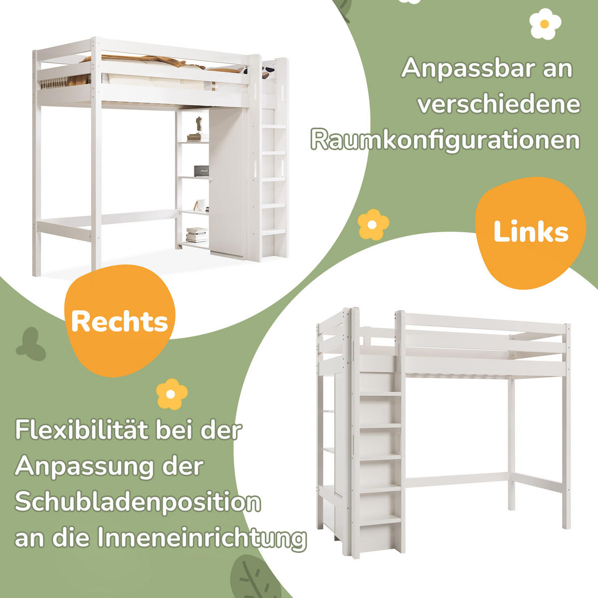 HOCHBETT 90/200 cm mit Kleiderschrank, 6 Regalen und flexibler Montage aus Massivholz und Spanplatte, Weiß - Weiß, Holzwerkstoff - Redom