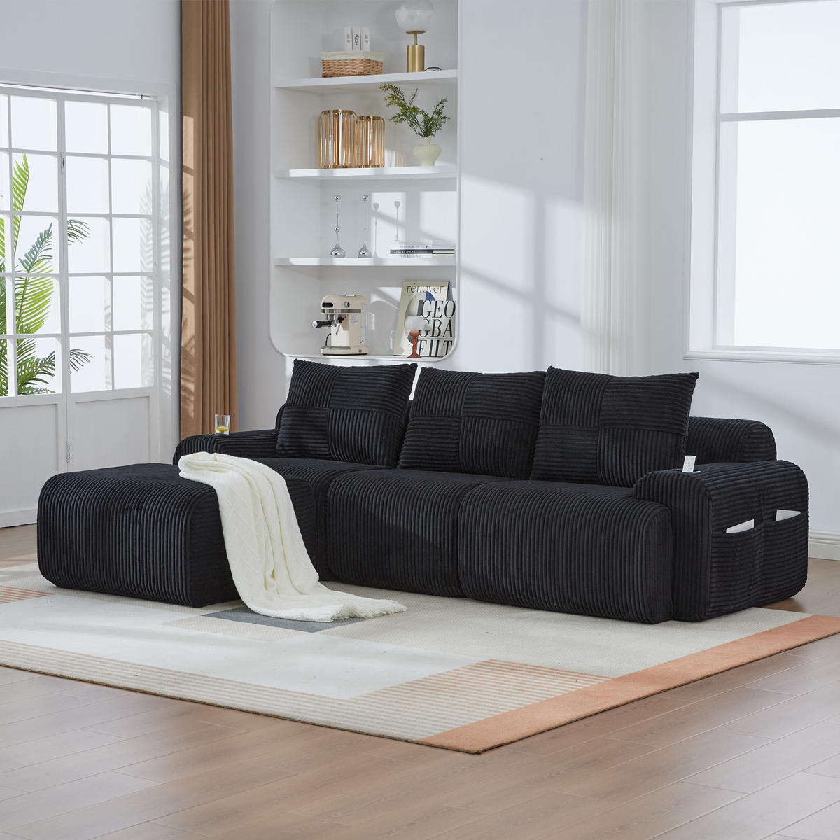3-SITZER Modulsofa aus Cord 268x174x80 cm mit Cupholder & Seitentasche, schwarz - Schwarz, Textil (174/80/268cm)