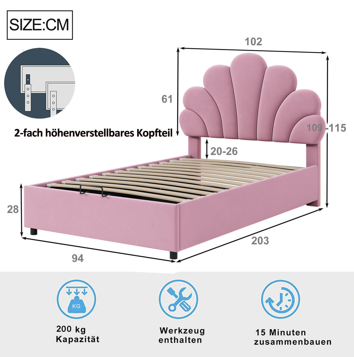 POLSTERBETT 90/200 cm Rosa mit geblümtem Kopfteil und hydraulischem Stauraum aus Samt - Rosa, Textil (90/200cm) - OKWISH