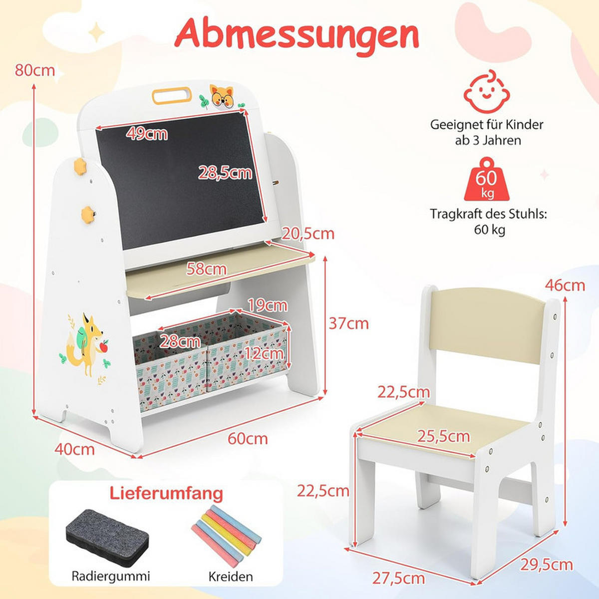 KINDERSTAFFELEI-SET mit Stuhl natur(2-tlg) - Naturfarben, Holzwerkstoff (60/80/40cm) - COSTWAY