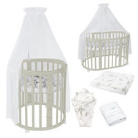 BABYBETT OLIVE OVAL 7in1 mit Matratze und Himmelset - Olivgrün/Weiß, Holz/Textil