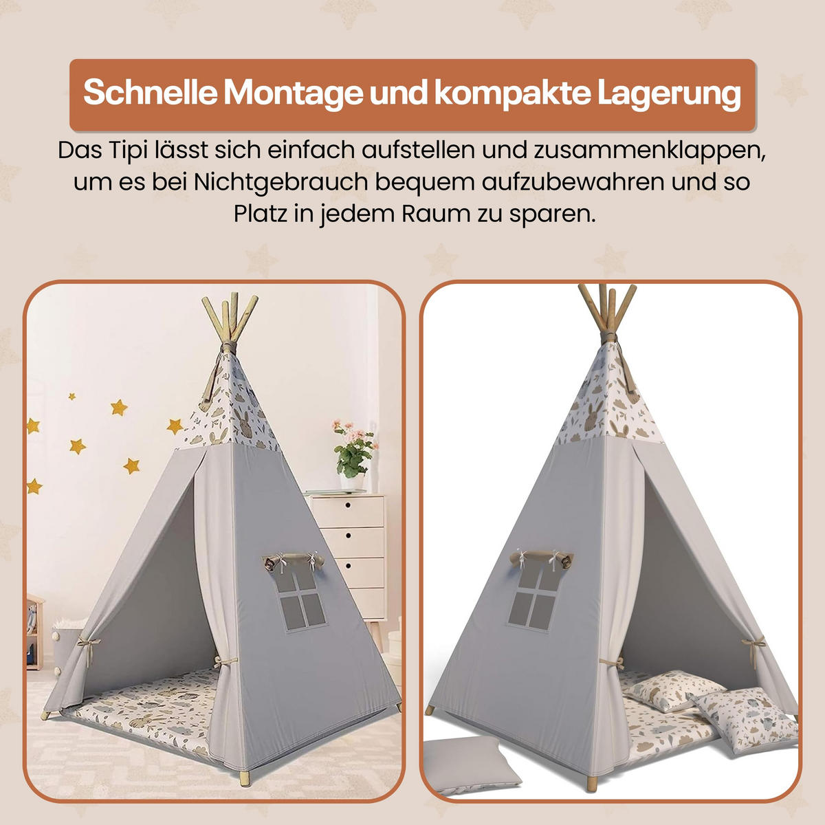 TIPI-ZELT 105 x 105 x 140 cm Grau Tierchen mit weichen Kissen | Spielzelt für Kinderzimmer Indoor - Creme, Textil (105/105cm) - Best for Kids