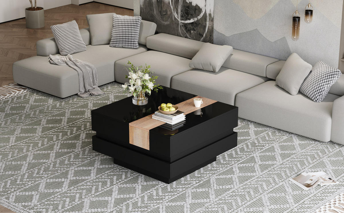 COUCHTISCH mit ausziehbarer Platte & Stauraum, MDF/PB, Schwarz-Holz Optik, Hochglanz, 70/70/39 cm,Schwarz - Schwarz, Holzwerkstoff (70/70/39cm) - Redom