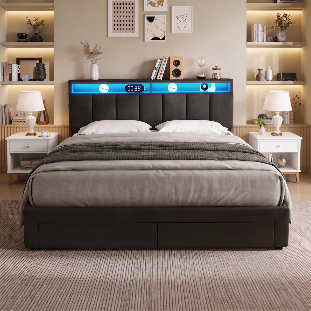 POLSTERBETT 160x200 cm mit Bettkasten, LED und 2 Schubladen, Lattenrost, höhenverstellbares Kopfteil, Grau - Grau, Holz/Textil (160/200cm) - GENKI LIVING