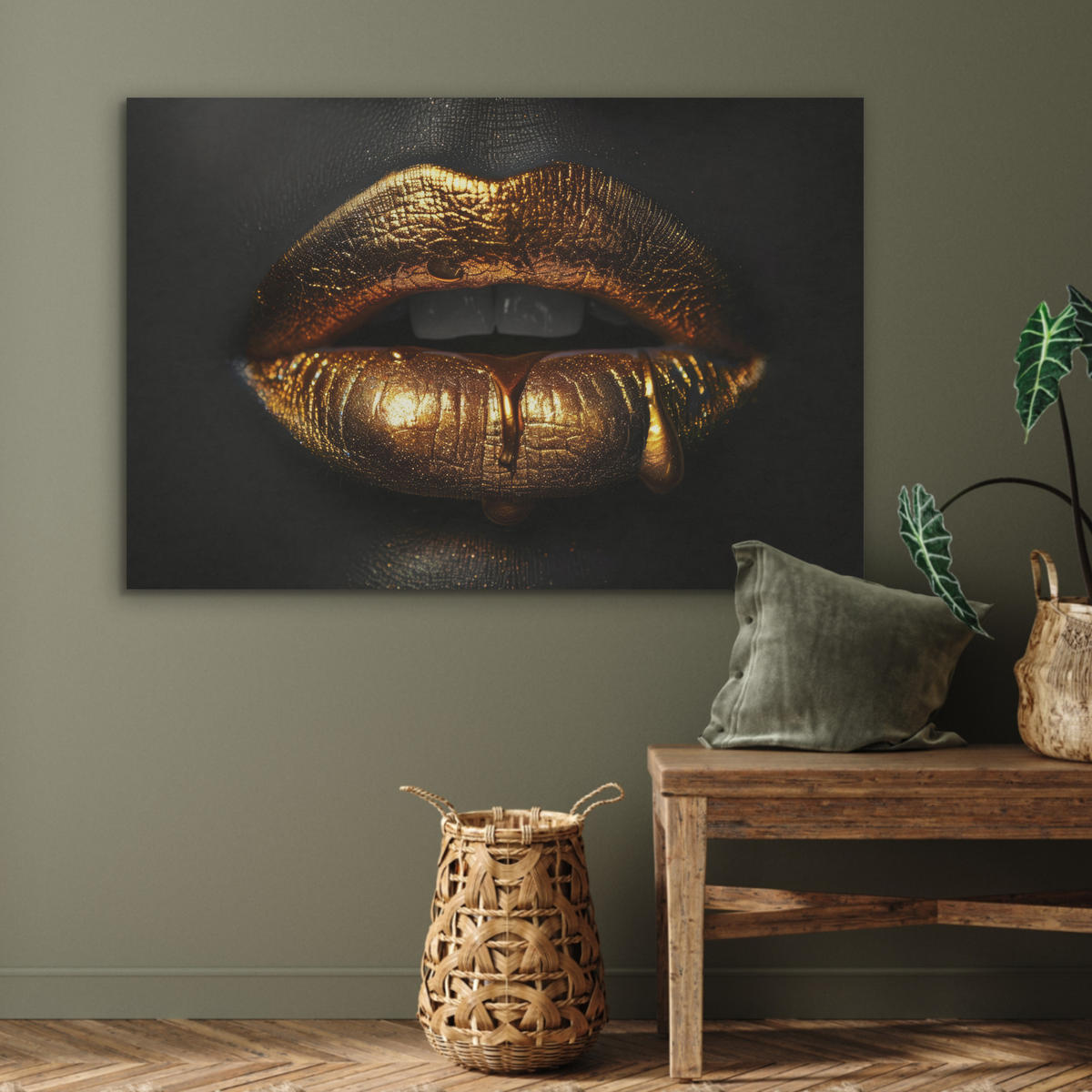 AKUSTIKBILD Frau - Porträt - Lippen - Gold - Schwarz Akustikpaneele 90x60 cm - Schwarz, Kunststoff (90/60/0.9cm) - MuchoWow