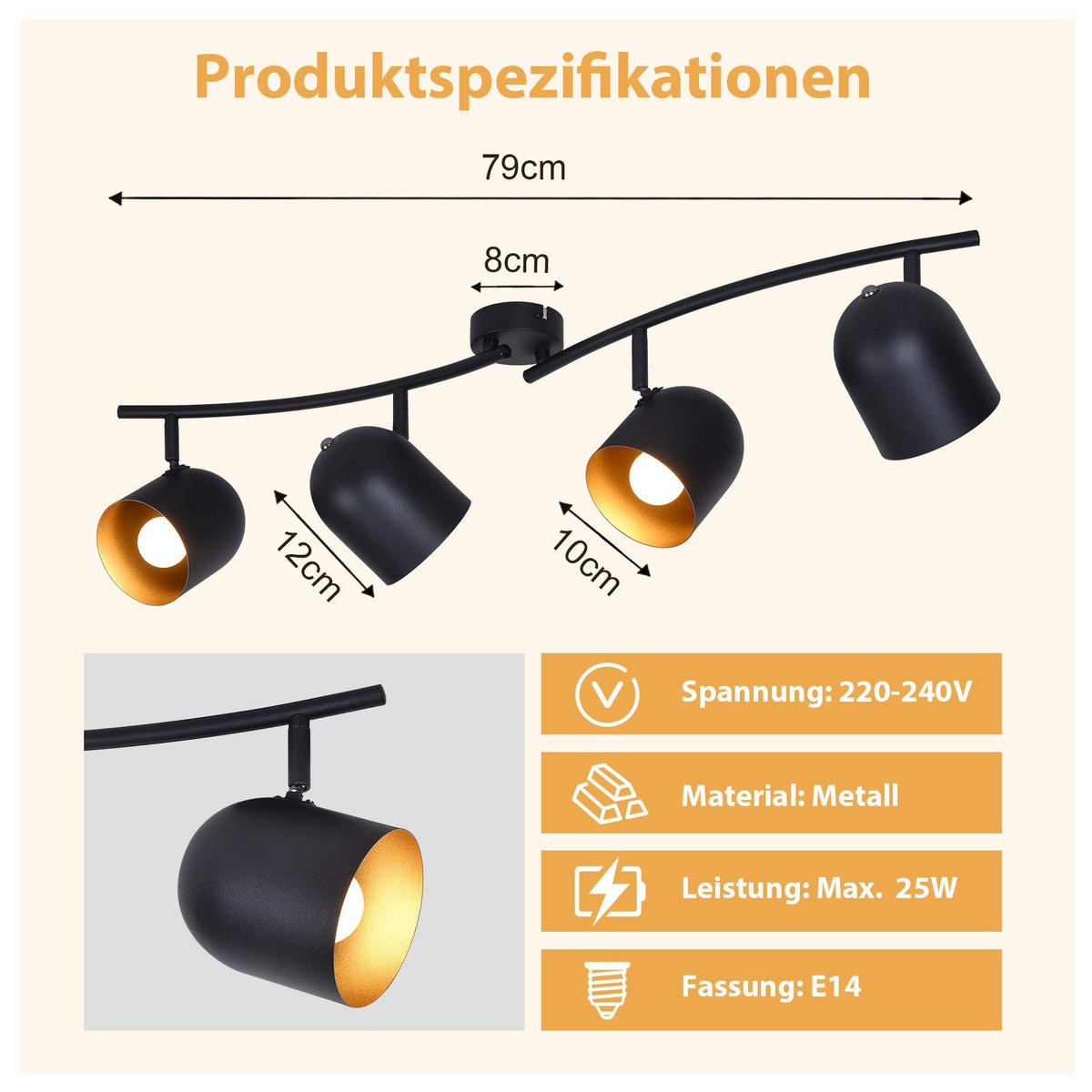 STRAHLER Gera 4-flammig 79/12/21 cm - Schwarz, Metall (79/12/21cm) - Nettlife
