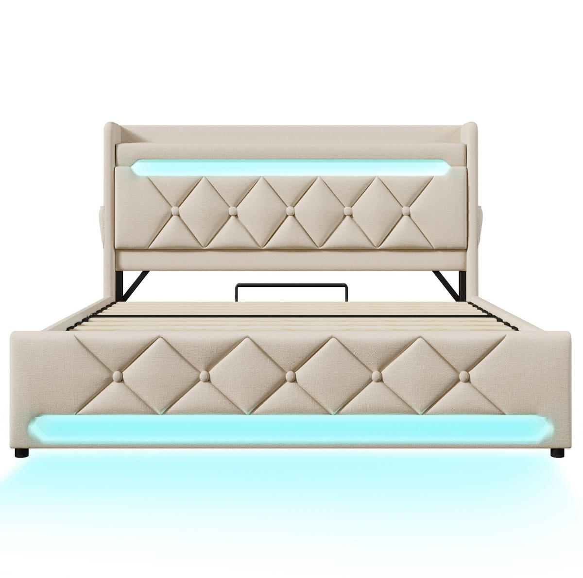 POLSTERBETT 160/200 cm mit LED-Beleuchtung, USB-C-Ladefunktion und hydraulischem Bettkasten, Beige - Grau, Textil (160/200cm) - Redom