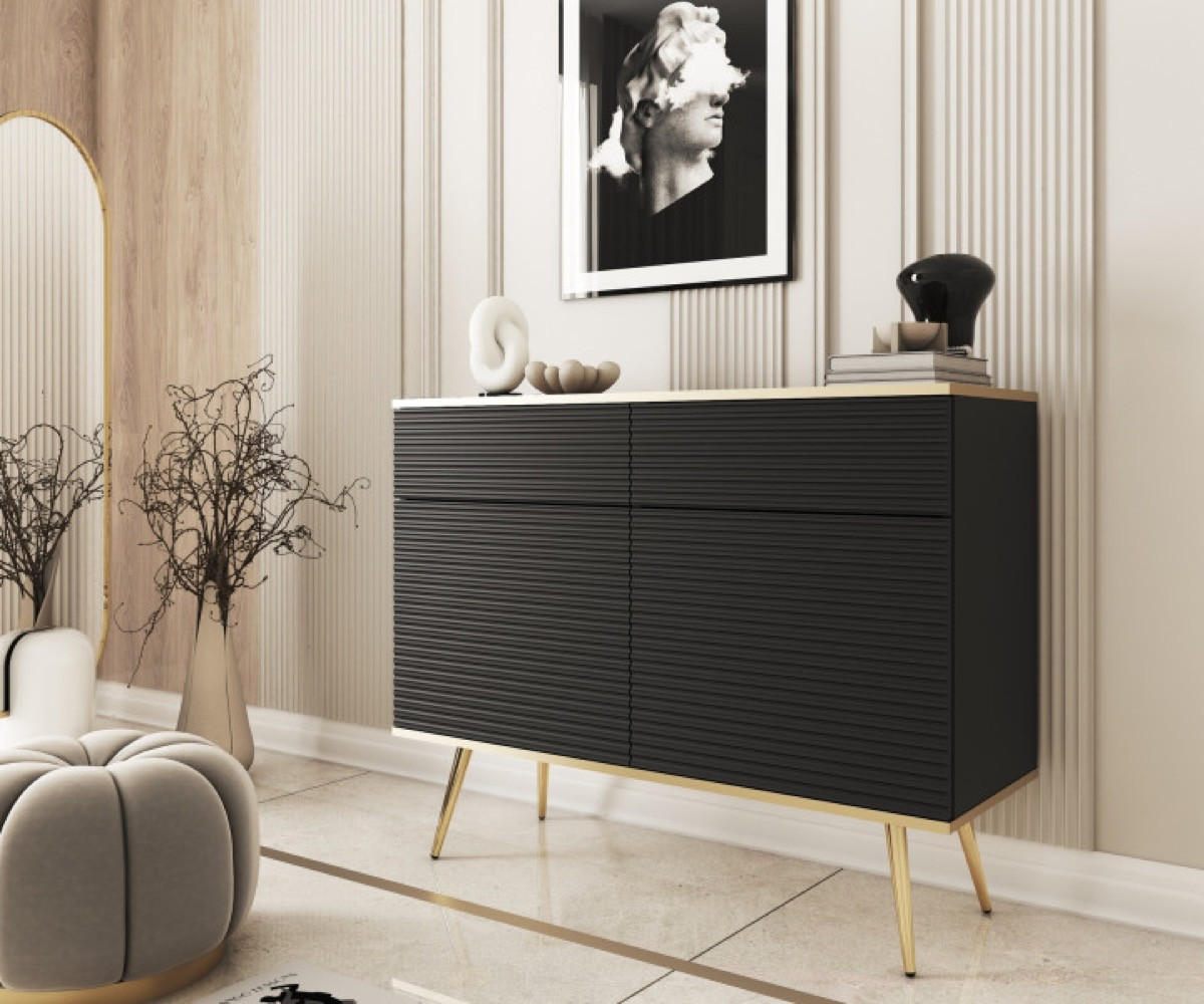 SIDEBOARD Schwarz POLO Gerillt Auf Hohen Goldenen Beinen 107 cm - Schwarz, Holzwerkstoff (107/85/39cm) - Sepro Meble