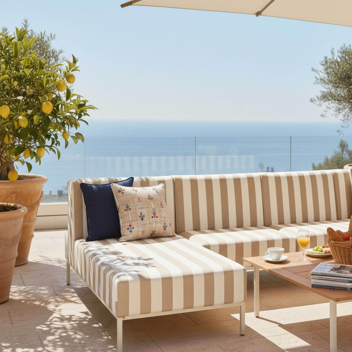 GARTENSOFA mit 6 Sitzplätzen, Beige - Beige, Metall - Oviala